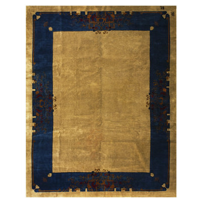 Antique Art Deco Chinese Navy Blue Border Ivory Beige Cream Open Field Rug