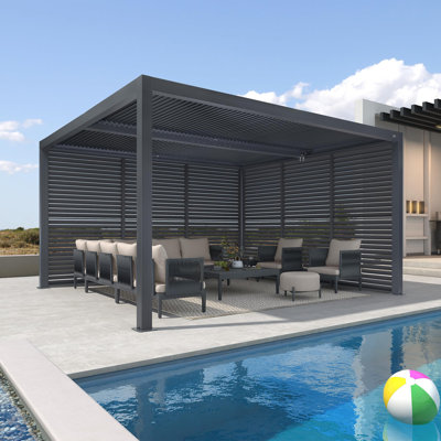 Pergola mauve à persiennes en aluminium 12 'x 14' avec toit à persienne fixe pour terrasse et abri de jardin à toit rigide gris, 1 côté long et 1 côté court