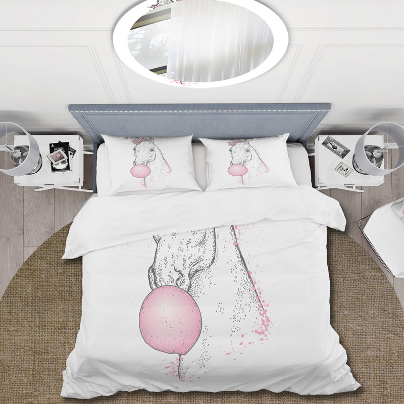 Cheval blanc avec gomme à bulles rose - ensemble de housse de couette Farmhouse - microfibre de polyester