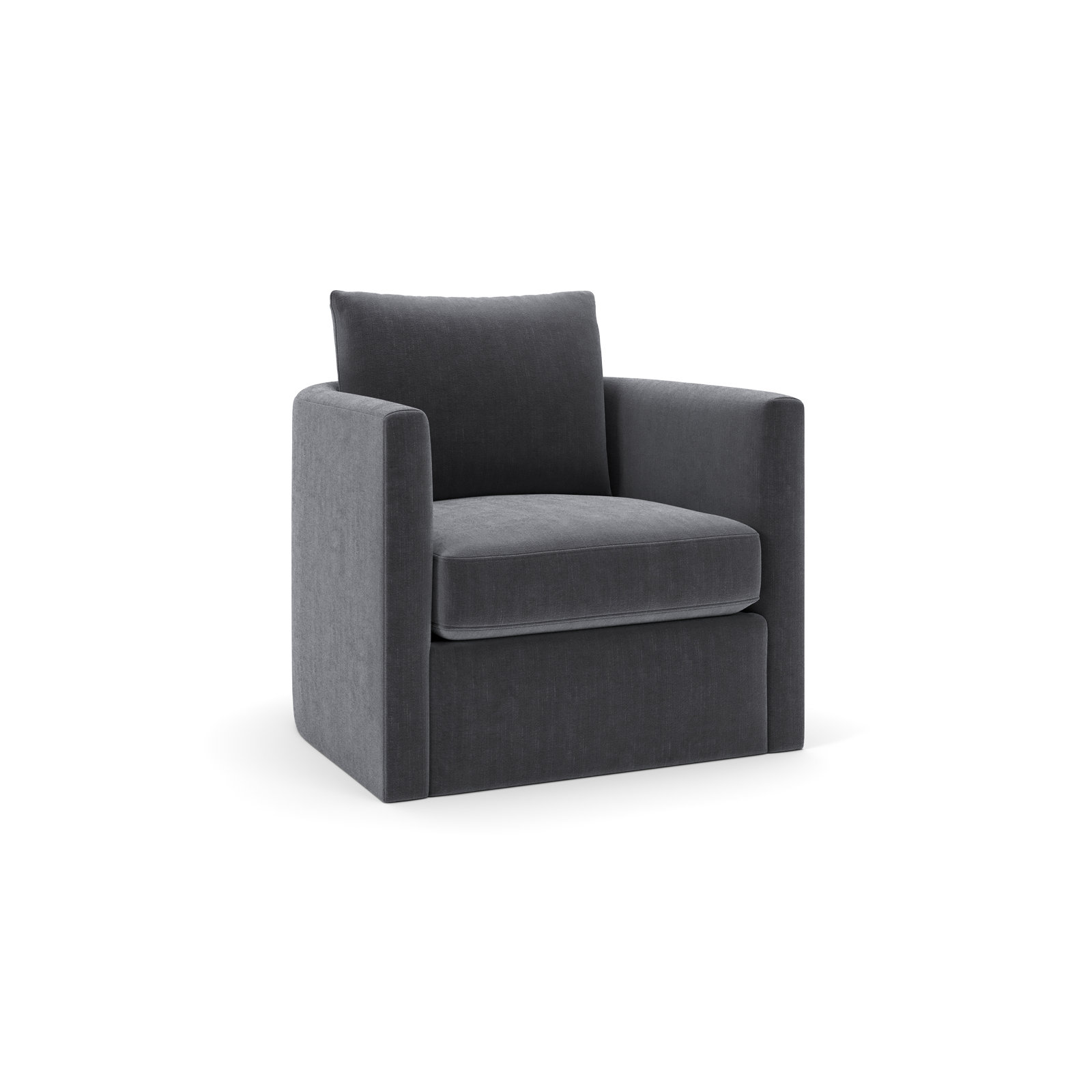 Carmella Upholstered Swivel Barrel Chair, Andrew Slate Performance Chenille