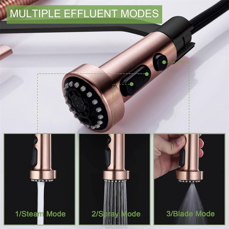 Robinets d'évier de cuisine noirs Ruvida, robinets de cuisine commerciaux avec douchette rétractable, robinets d'évier à ressort en acier inoxydable pour or rose Rv + noir mat