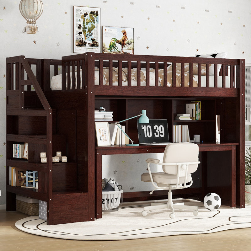 Lit mezzanine simple avec bureau mobile et tablette de rangement, Lit simple, Espresso