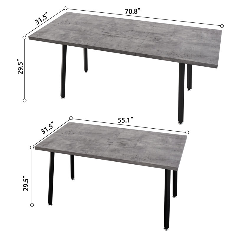 Table de salle à manger rectangulaire moderne, extensible, de couleur grise, pieds en métal noir, style industriel médiéval pour les repas familiaux extensibles de la vie quotidienne