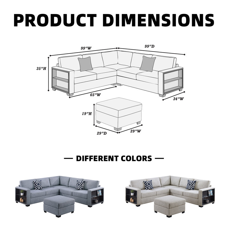 Canapé modulaire modulaire 4 pièces avec tablettes intégrées et repose-pieds cocktail, Gris