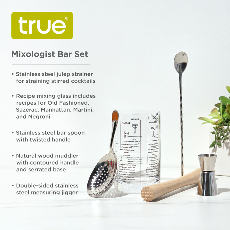 True Mixologist 5-Piece Stainless Steel, Wood, and Glass Cocktail Set