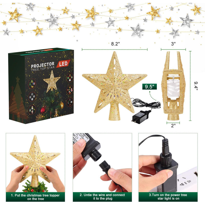 Décoration pour sommet de sapin de Noël éclairée avec 6 modes de projection, décoration pour sommet de sapin étoile de Noël avec lumières DEL tournantes, projection dynamique de paillettes dorées pour décoration de fêtes de Noël