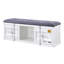 Banc de rangement moderne gris rembourré avec portes en métal et tablette de présentation