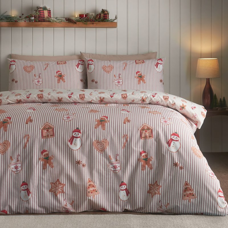 Christmas Gingerbread Stripe Reversible Duvet Cover Set, Double Bed (200 x 200 cm)