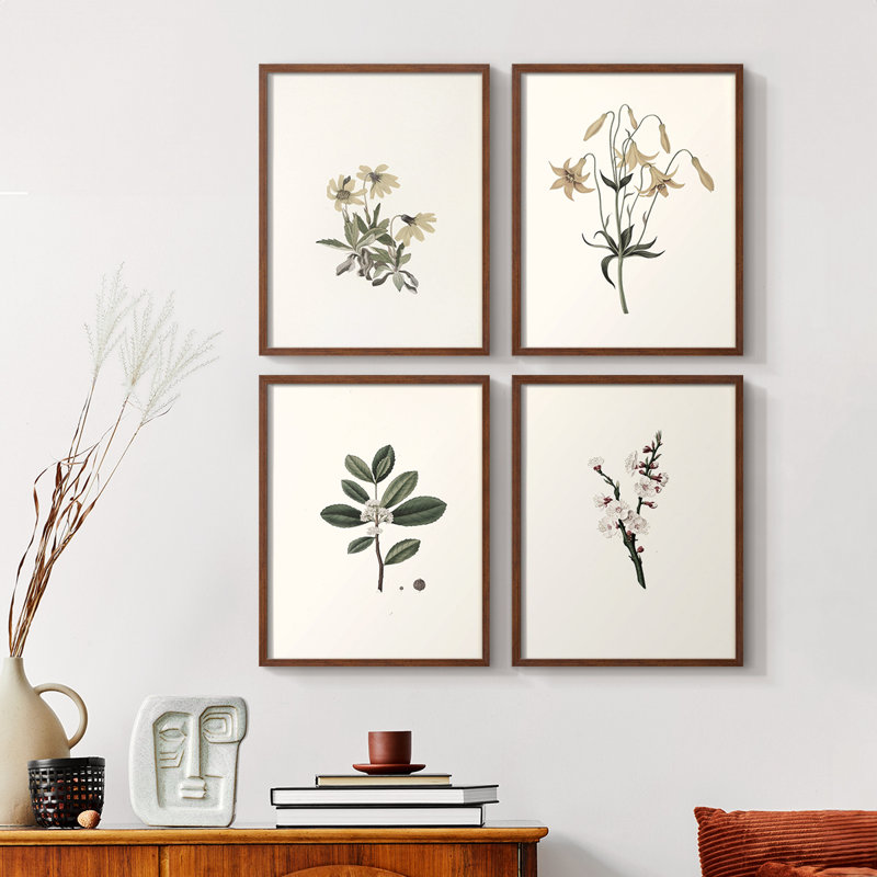 «Vintage Floral Print», impression encadrée CLxxvi - ensemble de 4, Noyer, H 44 po x l 14 po