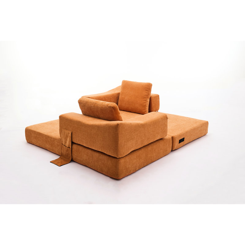 Lit d'appoint en chenille orange - base pliable, revêtement, lit escamotable amovible de style rétro, coussin moelleux pour le confort