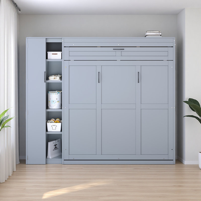 Lit escamotable mural Murphy avec tablettes, garde-robe et lumières DEL, Grand lit, Gris