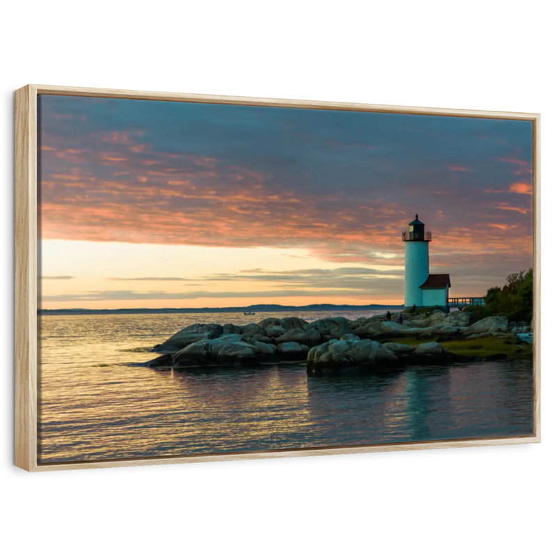 Coucher de soleil sur le phare d'Annisquam, Cadre flottant en bois naturel, 13 po x 9 po