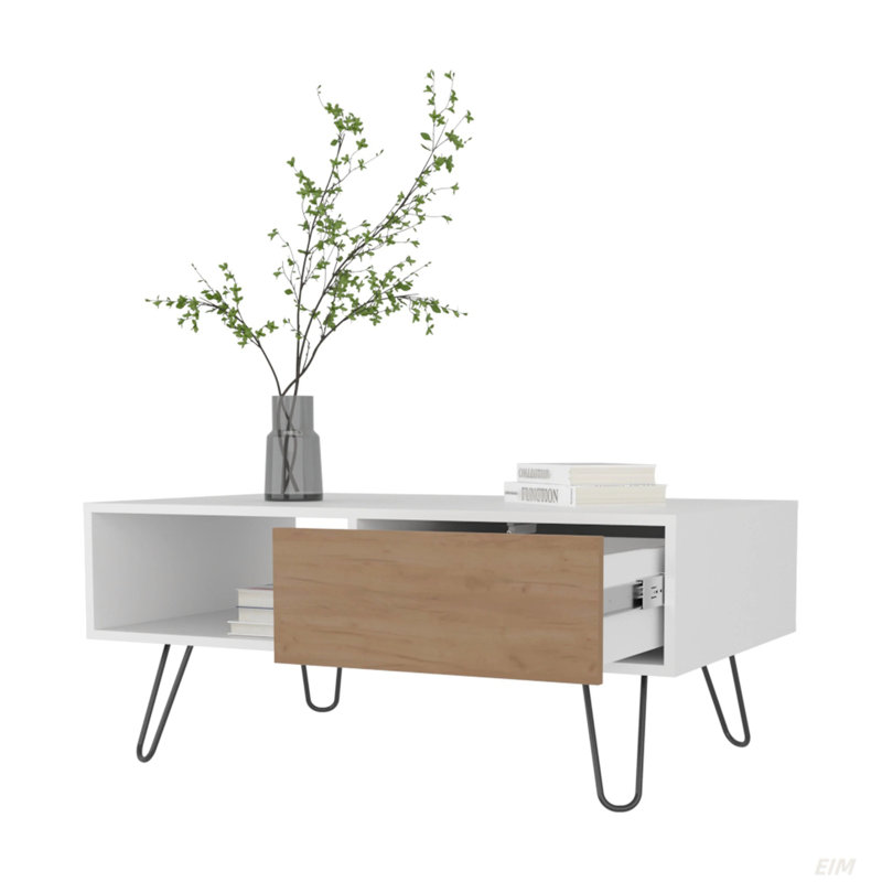 White And Natural Oak Coffee Table With 1-Drawer And Hairpin Legs