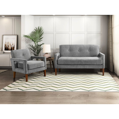 Chenille grise rembourrée 2 pièces et chaise de salon - ressorts ensachés, structure en bois massif, pieds au fini noyer, conception moderne de 300 lb par siège, coussins réversibles, pieds