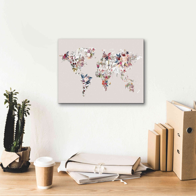«World Map Flowers (Light)» par Design Fabrikken, art mural épique sur toile 16 po x 12 po, H 12 po x l 16 po x P 0,75 po