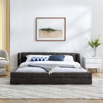 Structure de lit tapissier grand format avec tissu épais, lit plateforme grand format en chenille avec tête de lit et structure solide