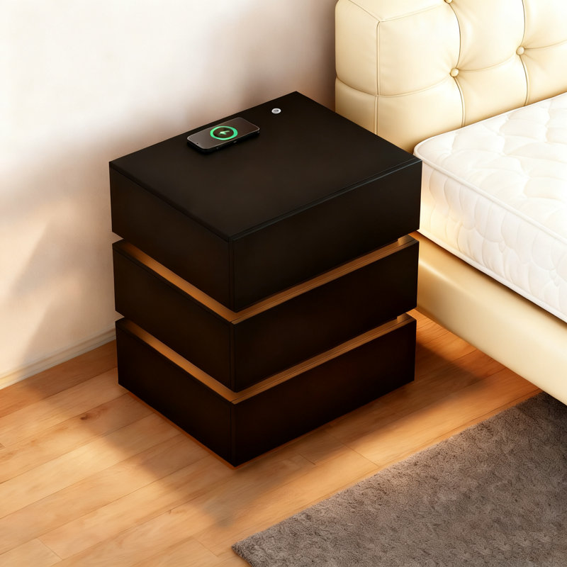 3 Drawer Nightstand with LED Lights & Charging Station, Modern End Table with USB Type-C & Wireless Charger, Wood Bedside Cabinet for Bedroom