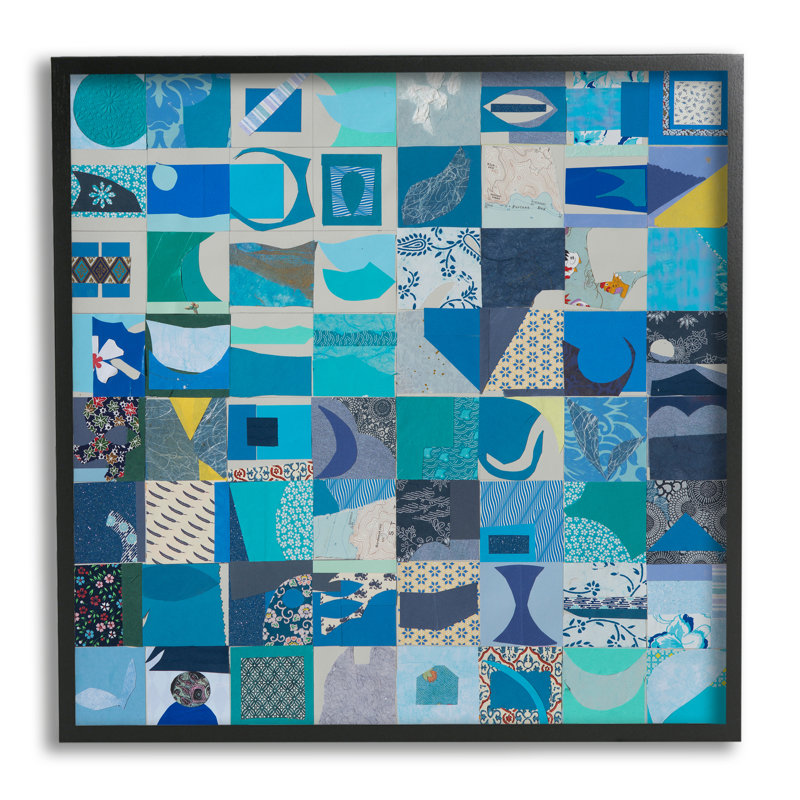 Ba-249 - Abstraction de patchwork bleue encadrée, Giclée encadrée noir minuit, H 24 po x l 24 po x P 1,5 po
