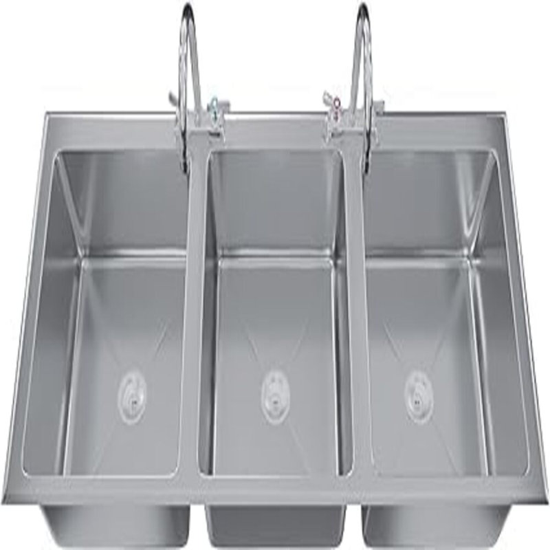 Évier de cuisine commercial à trois cuves en acier inoxydable de 40,6 cm (16 po) de longueur, 40,6 cm (16 po) de largeur x 50,8 cm (20 po) de profondeur x 30,5 cm (12 po) de longueur