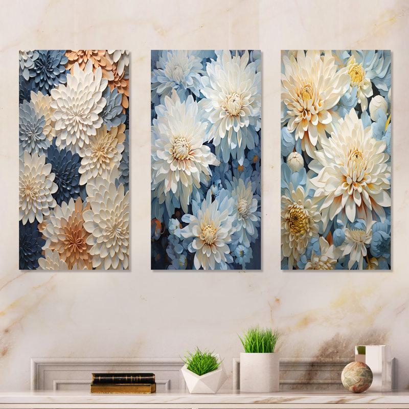«Garden Bliss Mums» en blanc et bleu - ensemble de 3 décorations murales en métal Mums, H 28 po x l 36 po