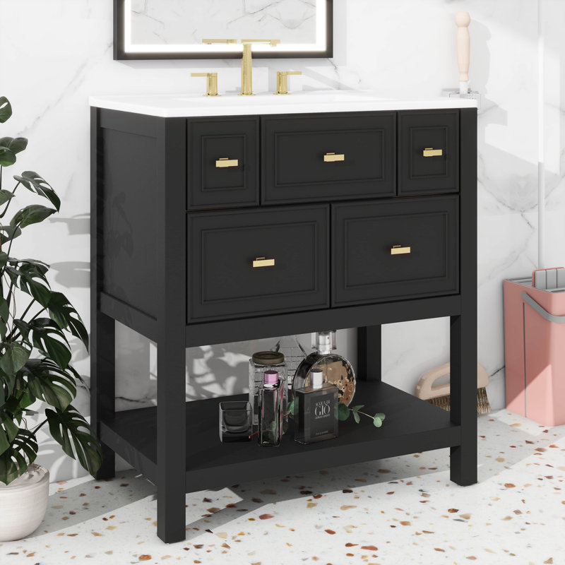 Ensemble de meuble-lavabo 30 po avec lavabo en céramique, unité simple autoportante avec 5 tiroirs, Noir