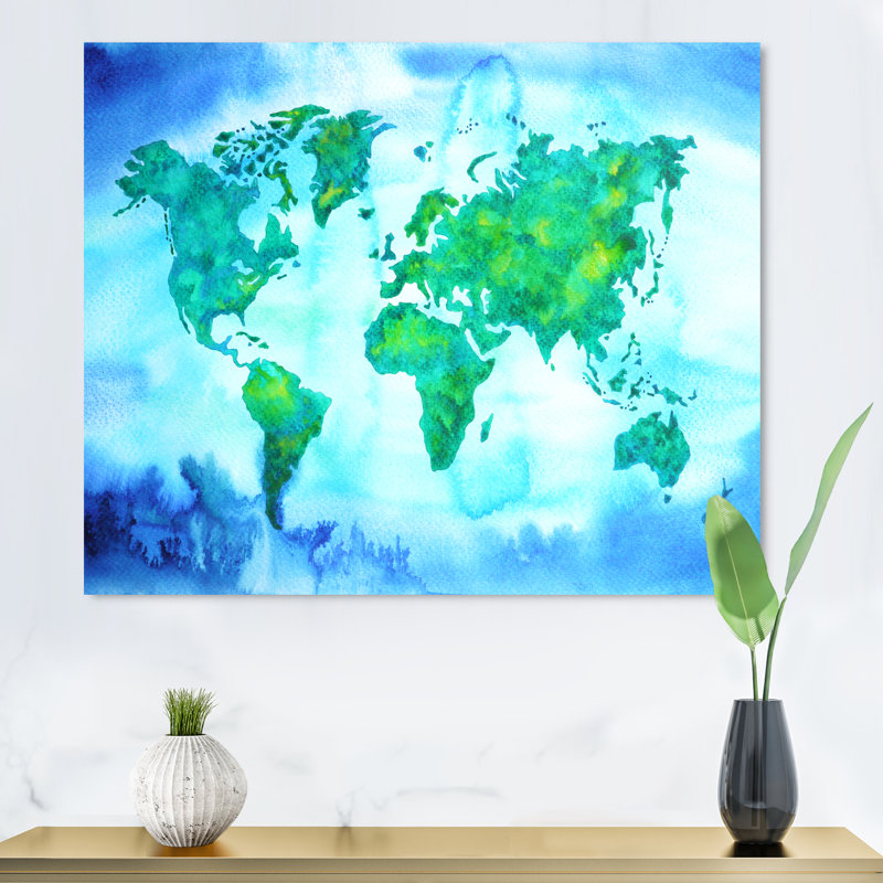 «World Map Blue Green Tone III», reproduction sur toile flottante, H 8 po x l 12 po x P 1 po, Toile tendue