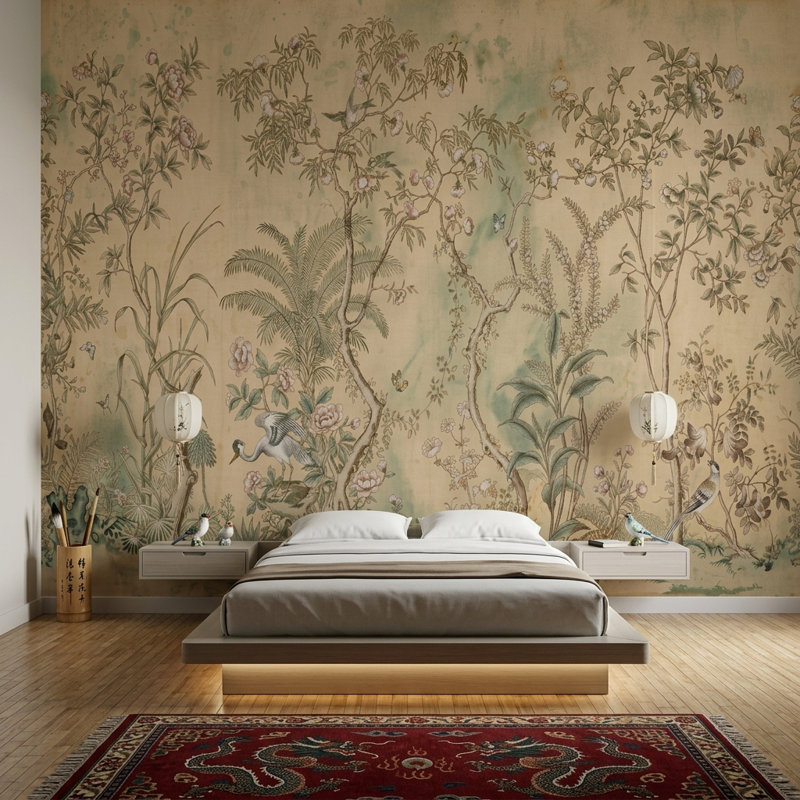 Décoration murale amovible de papier peint botanique chinois discret, Non tissé, 200 po x 120 po