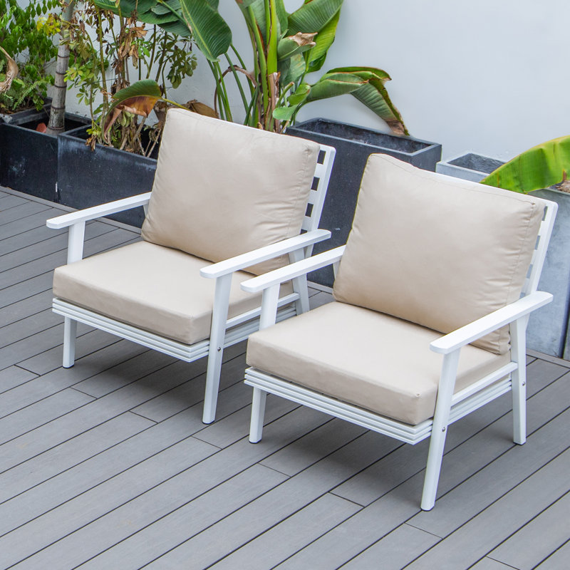 2-Piece Patio Arm Chair with Slatted Aluminum Frame - Removable Polyester Cushions, Cotton-Filled Lounge Chair for Indoor Outdoor Use