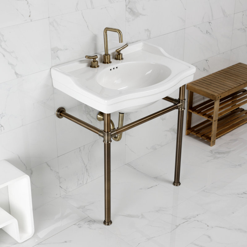 Lavabo de salle de bain en céramique en U avec trop-plein Console, Laiton antique