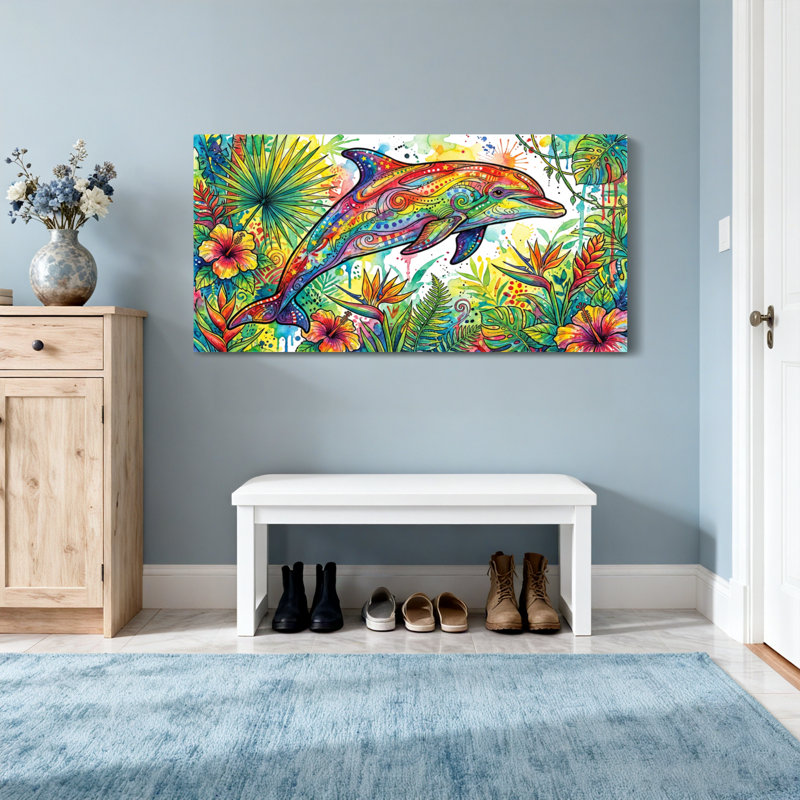 Animaux, dauphin coloré, impression de motif floral tropical, H 16 po x l 32 po