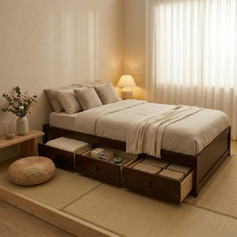 Lit plateforme simple avec rangement, Cerisier