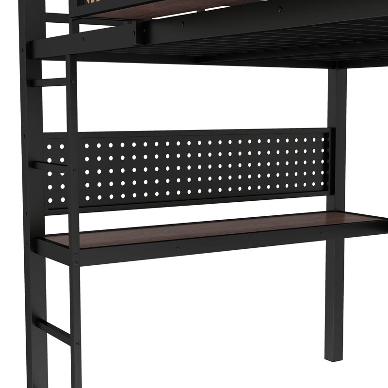 Grand lit mezzanine en métal avec bureau, panier de rangement, Full