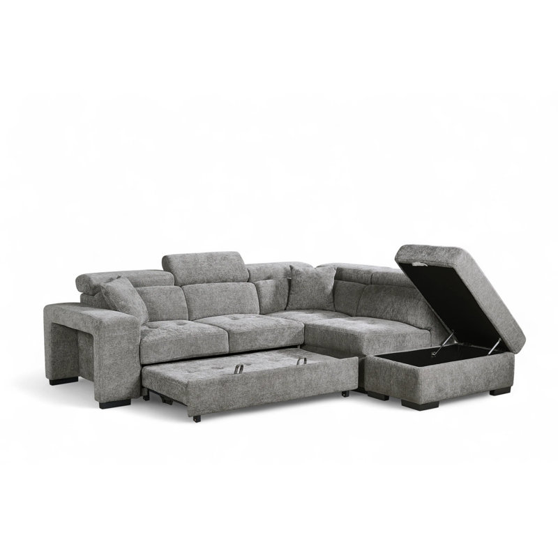 Corner Sofabed with Storage and Ottomans, Right Hand Facing, Grey Chenille