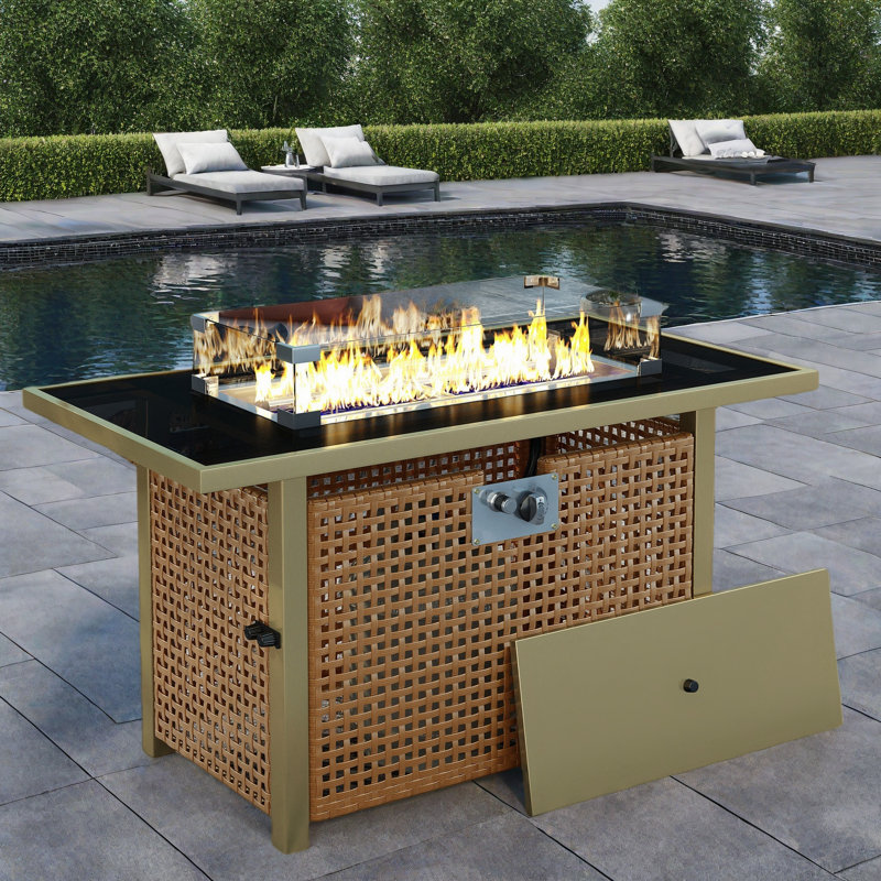 Propane Gas Fire Pit Table With Glass Wind Guard And An Open Basket-wave Patterned Wicker, Orange Yellow