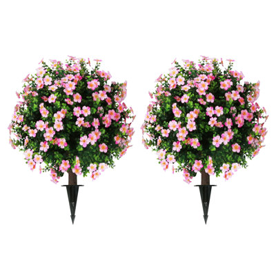 25.5" Artificial Boxwood Topiary Ball Trees with Flower Set of 2 Pink