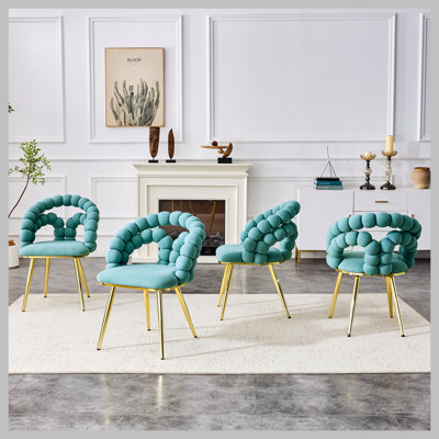 Ensemble de 4 chaises de salle à manger en velours bleu sarcelle avec pieds dorés, chaises d'appoint rembourrées modernes pour la salle à manger et la cuisine