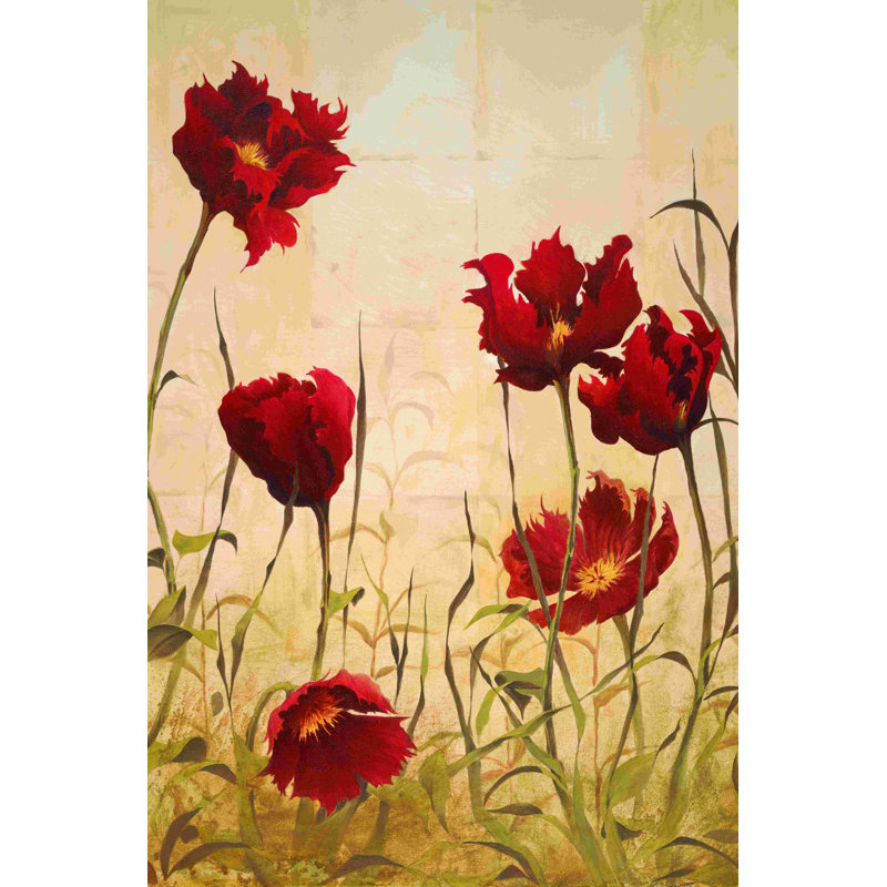 Fleurs rouges - peinture sur toile tendue, H 18 po x l 12 po