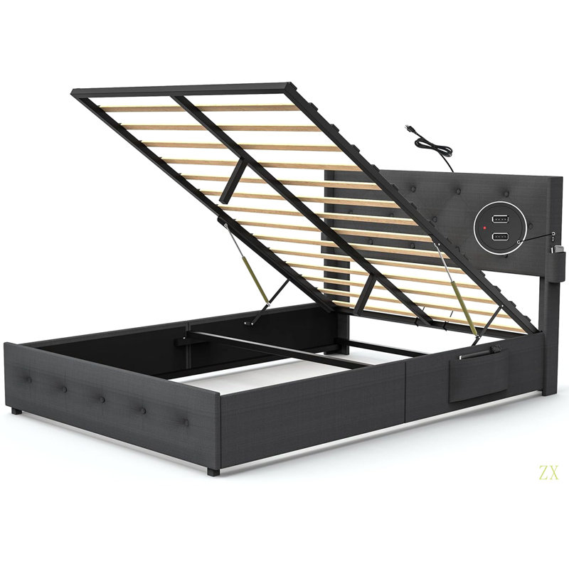 Structure de lit double avec lit de rangement à vérin à gaz avec tête de lit moderne à oreilles, ports USB