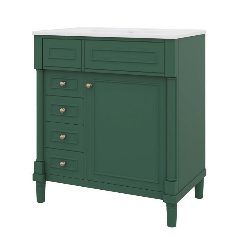 Meuble-lavabo 30 po avec meuble-lavabo moderne avec 2 tiroirs, 1 tablette ajustable et 1 porte à fermeture douce, Vert/doré