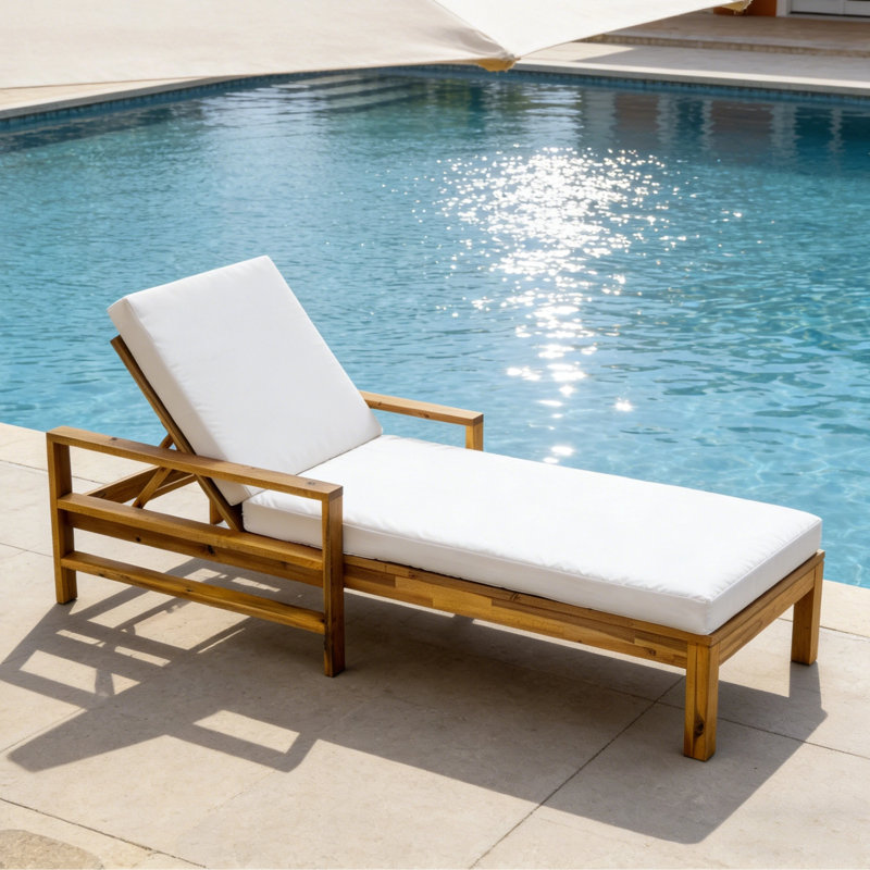 Outdoor Acacia Wood Chaise Lounge With Adjustable Recline And Density Foam Cushion