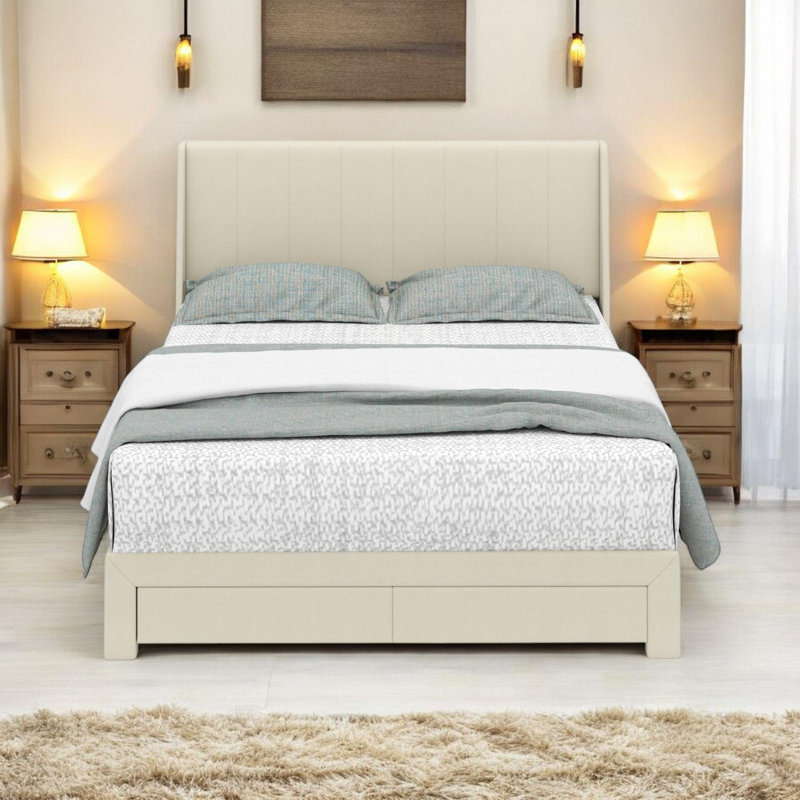 Lit de jour rembourré avec 2 tiroirs de rangement et chargement USB, Beige, Grand lit