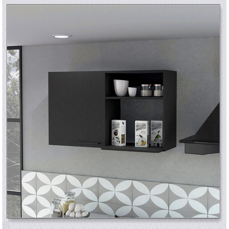 Armoire murale à 2 tablettes Carter Black avec tablettes latérales pour beaucoup de rangement et esthétique de cuisine moderne