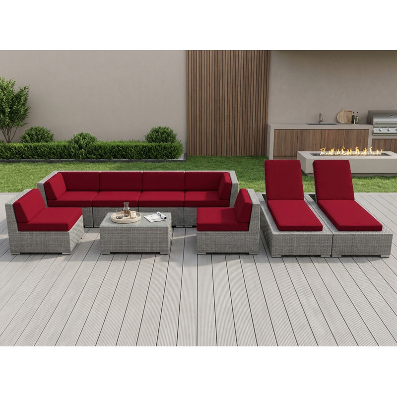 Ensemble de conversation modulaire en rotin avec coussins 9 pièces Barna - aucun assemblage requis, gris, Supercrylic rouge