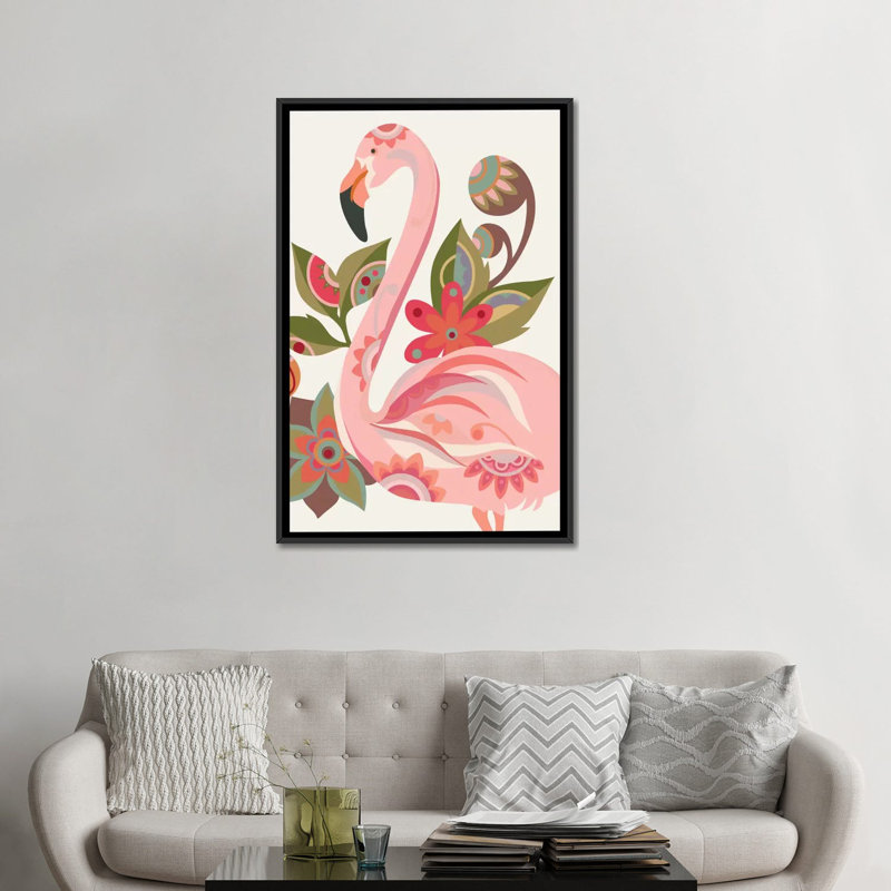 « the flamant rose », impression sur toile tendue, H 26 po x l 18 po x P 1,5 po, Toile avec cadre noir