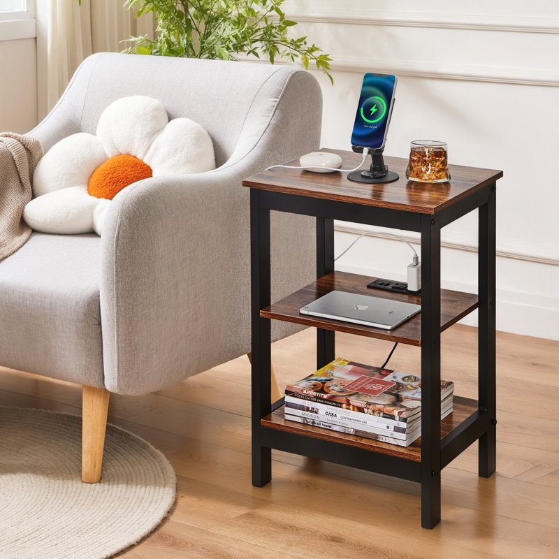 Litwin End Table With Charging Station USB Storage End Table Sofa Table For Living Room Bedroom, Dark Brown/Black