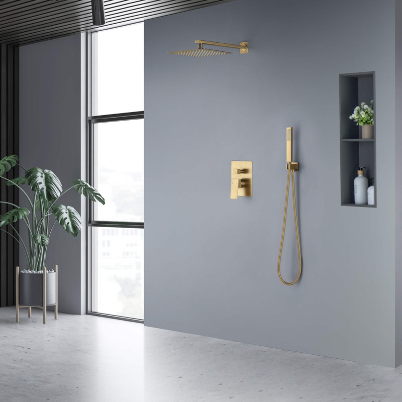 Cube Pressure Balanced 2 Function Shower System with Rough-in Valve, Brushed Brass
