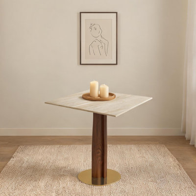 Table de salle à manger carrée en pierre frittée 33,5 pouces avec piédestal en bois massif et base dorée en blanc doux pour deux personnes