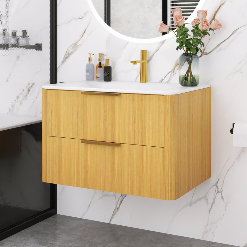 Meuble-lavabo mural moderne à 2 tiroirs avec lavabo à rayures fines, 30'', Chêne clair