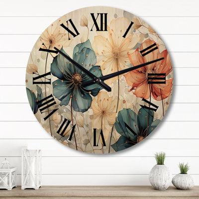 Horloge murale surdimensionnée en bois bleu sarcelle avec pétales orange I