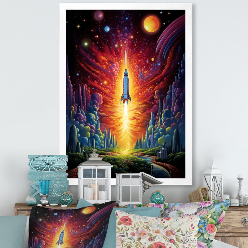 " Rocketship Cosmic Dreamscape ", White Picture Framed, 32" H x 24" W x 1" D